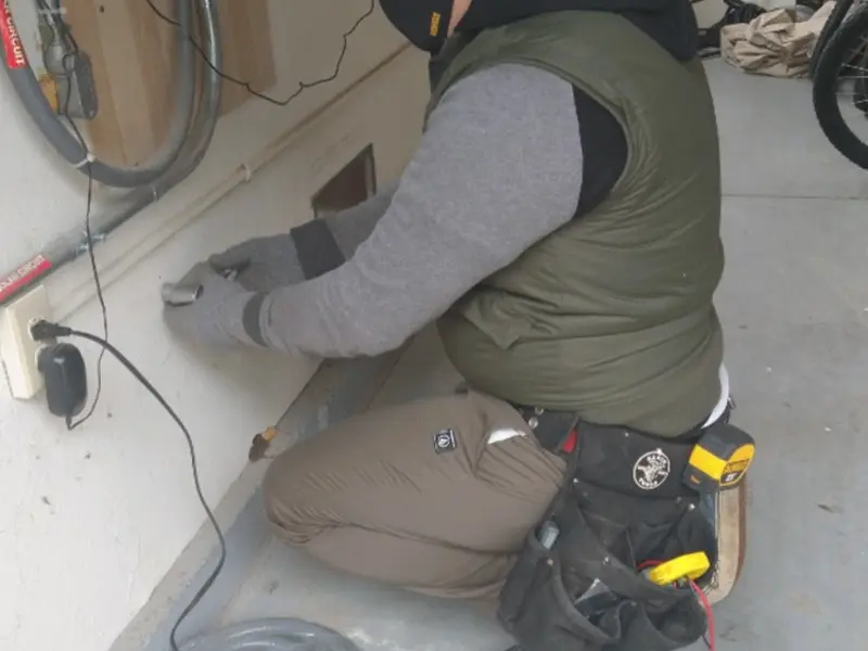 Electrician performing outlet wiring in a Mount Hope garage